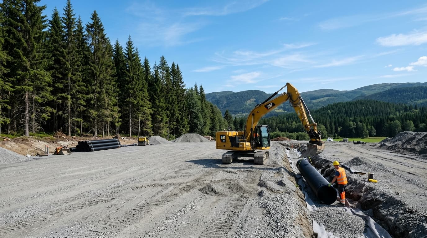 Planert grusgrunn klargjort for næringsbygg, med opplegg for vann, avløp og 10 kV strøm.